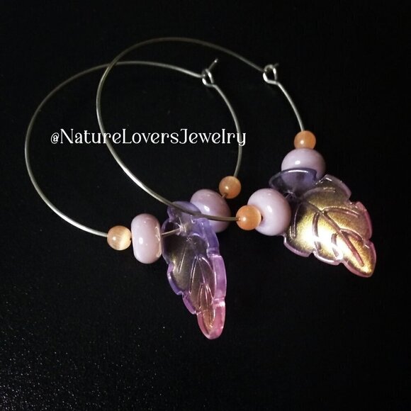 🍂🍁🍃 3/$25!!! Pink Mauve Lilac + Apricot Colors! Beaded Leaf Hoop Earrings! - Picture 1 of 6